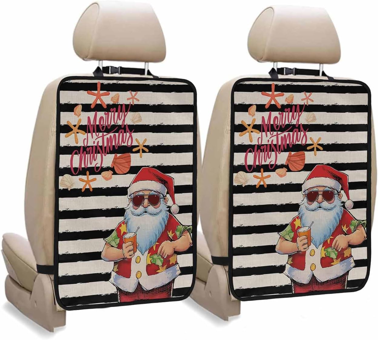 T&H XHome Car Seat Protector, 2 Pack Kick Mats Back Seat Protector Summer Christmas Cool Santa Starfish Black Plaid Waterproof Backseat Cover for Kids Universal Fit Automotive Interior Protectors