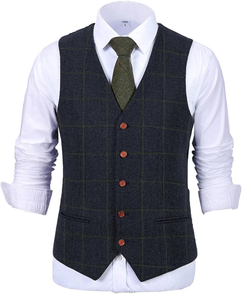 Men's Vest Plaid Soft Wool Brown Jacket Casual Gentleman Tweed Business Waistcoat for Groosmen Best Man for Wedding