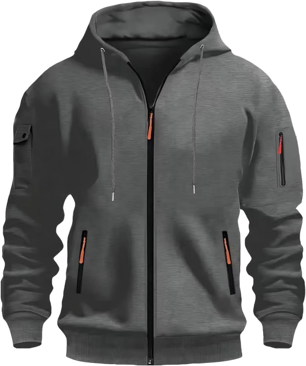 Men's Sweatshirt Hoodie Zipper Arm Pocket Cardigan Sport Coat-Dark Grey