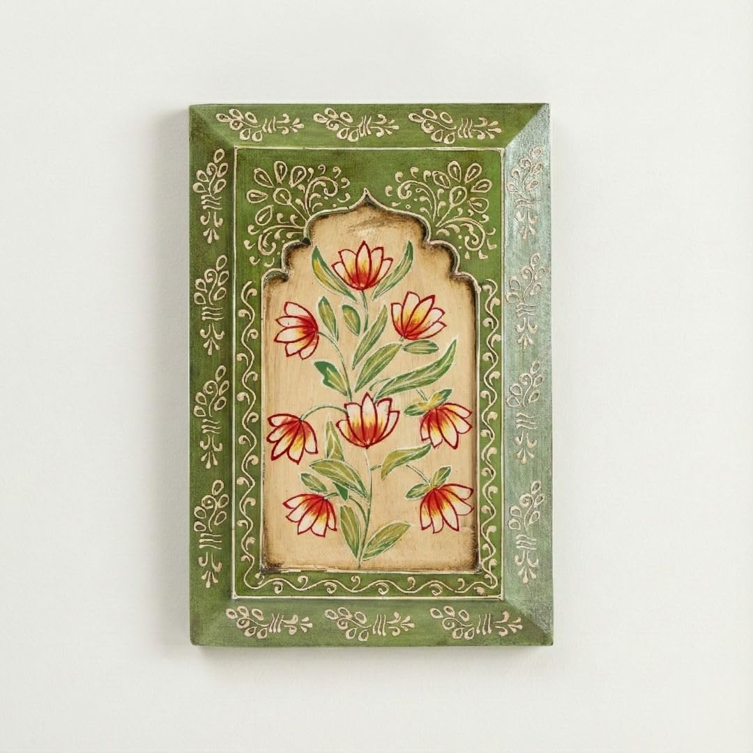 ATRANGI STUDIO Handpainted Wooden Wall Frame | Rajasthani Traditional Craft | Decorative Floral Wall Hanging Art for Living room, Bedroom, Office | 12×8 Inch, Green-image-48