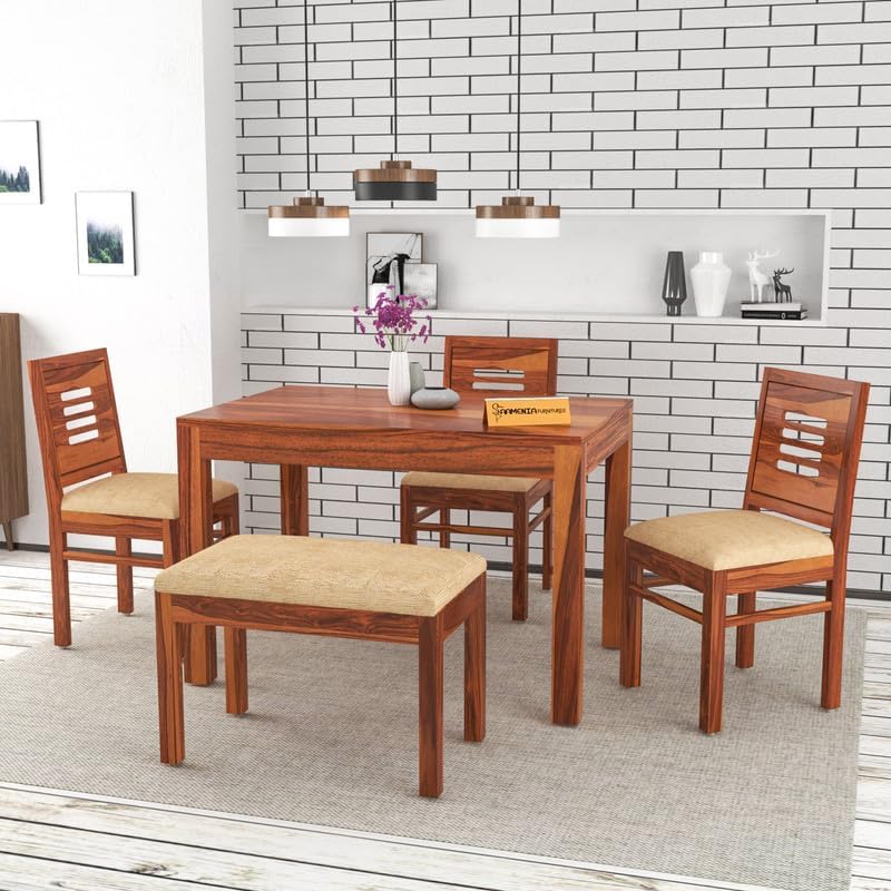 Image of Solid Sheesham Wood Dining Room Sets 4 Seater Dining Table with 3 Chairs & 1 Bench for Dining Room, Living Room, Kitchen, Hotel, Restaurant, Cafeteria (Standard, Honey Finish) (Honey Finish)