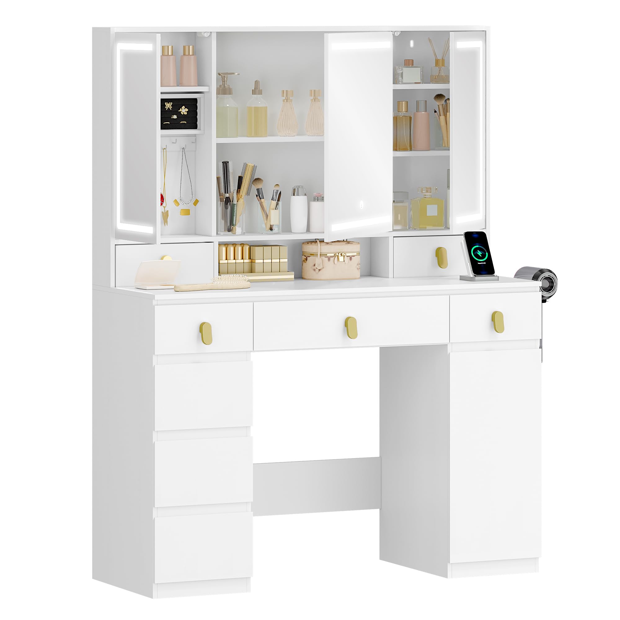 Hzuaneri Toeletta da Trucco Grande con Illuminazione a LED, con Presa e Porta Asciugacapelli, 3 Colori, Luminosità Regolabile, Tavolo da Trucco con Specchio, 8 Cassetti 1 Armadietti, Bianco DT42003XEU