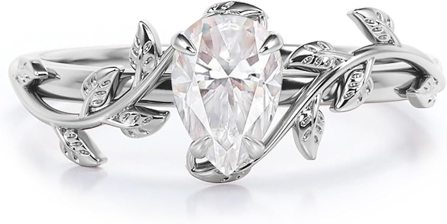 10K 14K 18K Gold 2.0CT Pear-Cut Gemstone Leaf Vine Engagement Ring for Women Sterling Silver Inspired Birthstone Vintage Art Deco Wedding Promise Anniversary Rings for Her Wife Bridal Size 4~15