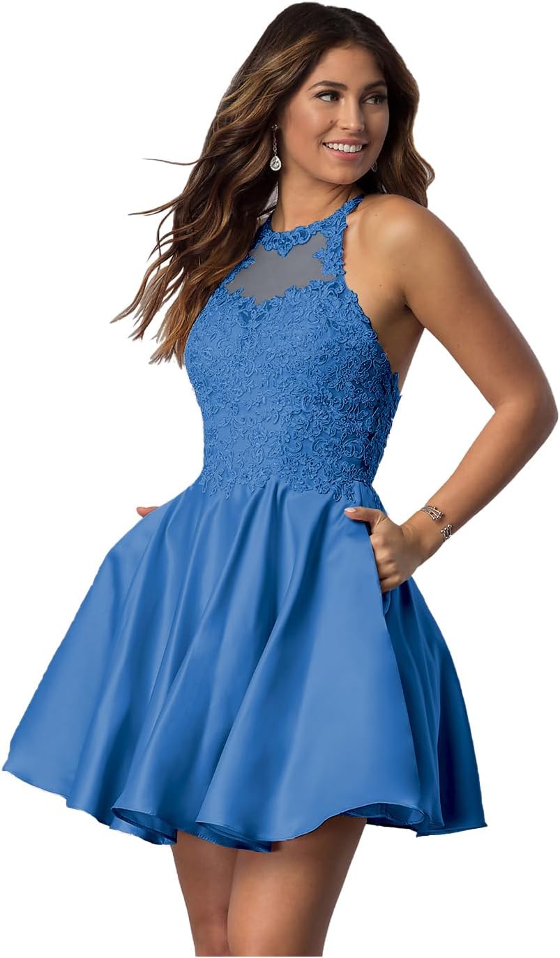 Satin lace applique homecoming dresses short with pockets halter cocktail dresses for teens WD029