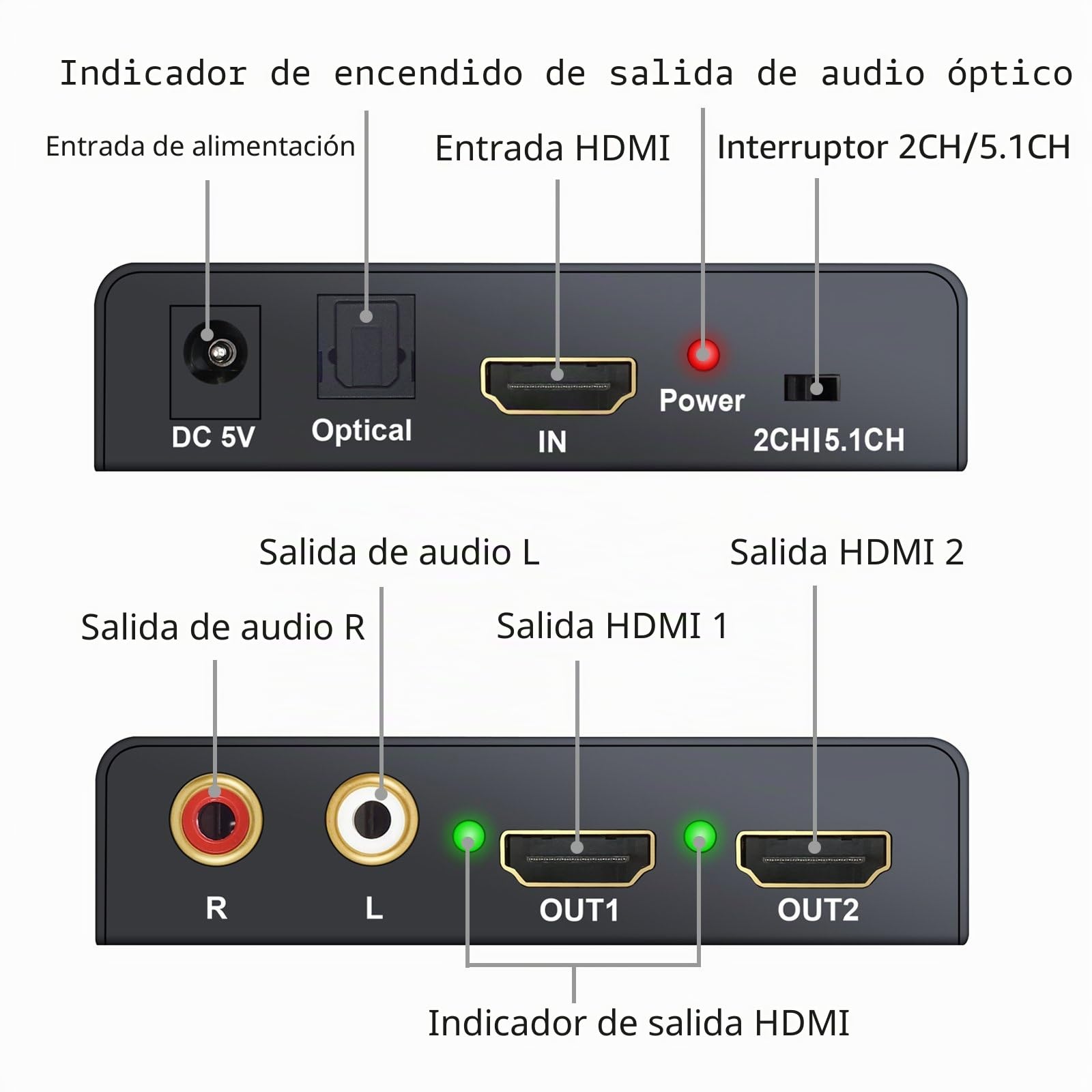 LiNKFOR Extractor de Audio 4Kx2K HDMI Soporte 2CH / 5.1CH 3D Convertidor HDMI a SPDIF Óptico Toslink Conversor Digital a Analógico RCA R/L Divisor HDMI de 2 Vías para BLU-Ray DVD Sky PS3 PS4