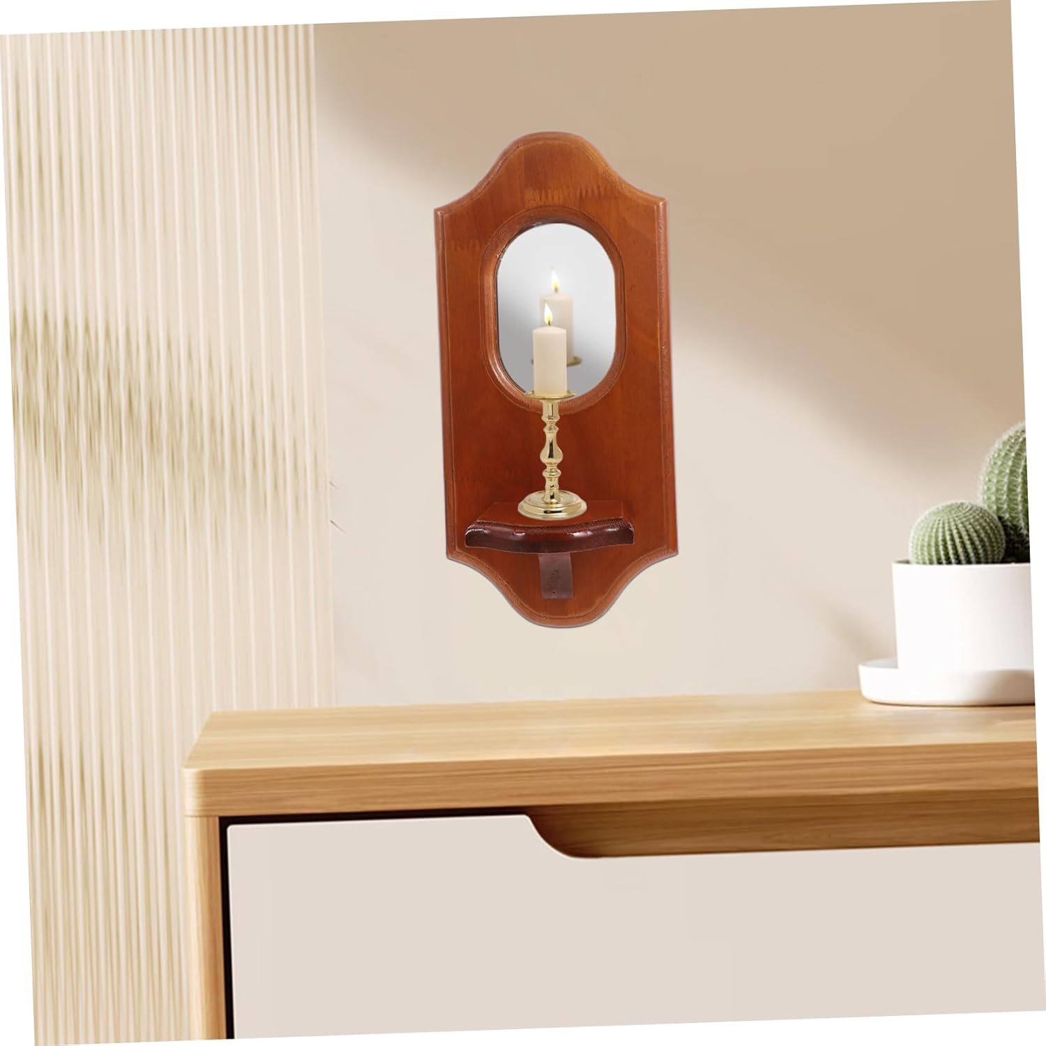 Solid Wood Candle Holder Mirror Wall Decor Antique Table Hanging Outdoor