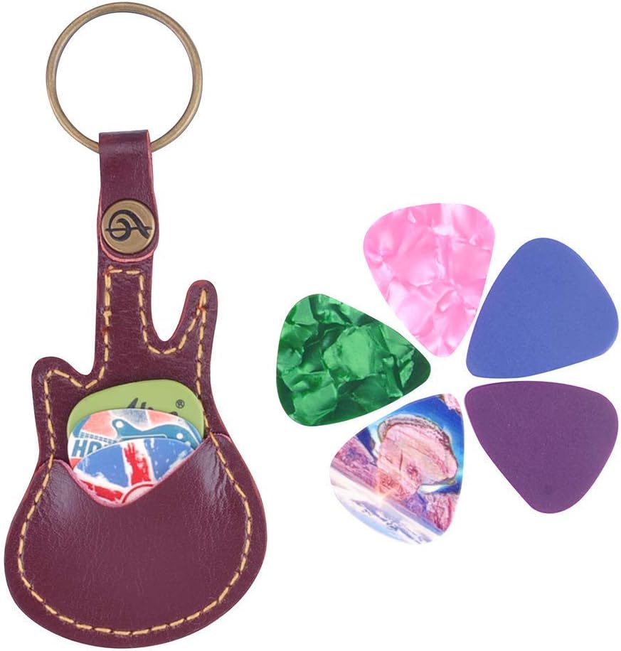 KingPoint Guitar Picks Case Leather Pick Keychain Guitar Picks Holder Plectrums Case Bag with 5Pcs Guitar Picks Gift
