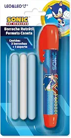 BORRACHA RETRÁTIL FORMATO CANETA SONIC - BLISTER C/ 1 SUPORTE E 3 BORRACHAS LEO&LEO