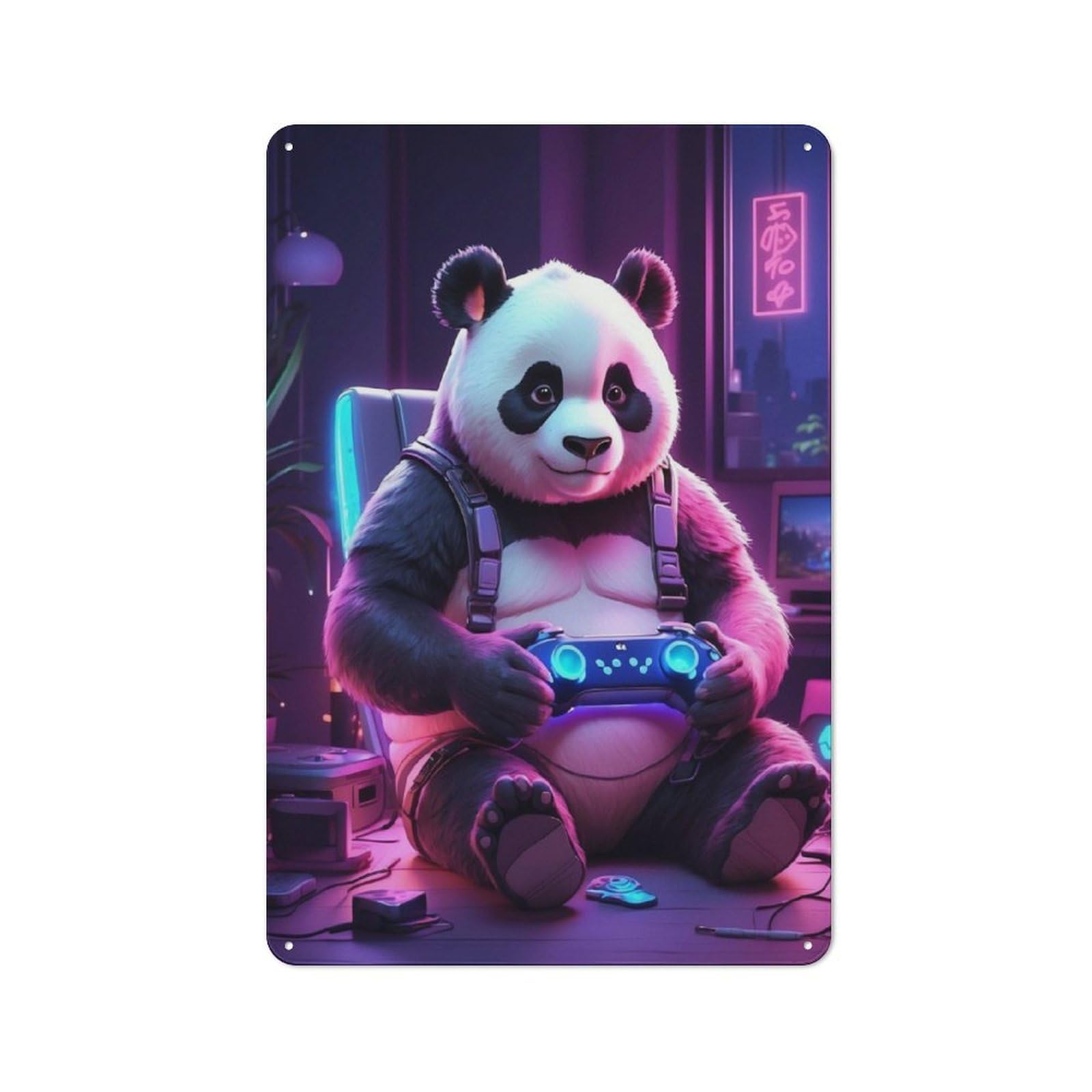 Junmoney Gaming Panda Rustic Decorative Tin Sign 30X20cm, Cottage Wall Art For Cottage, Kitchen, Hallway Or Breakfast Nook