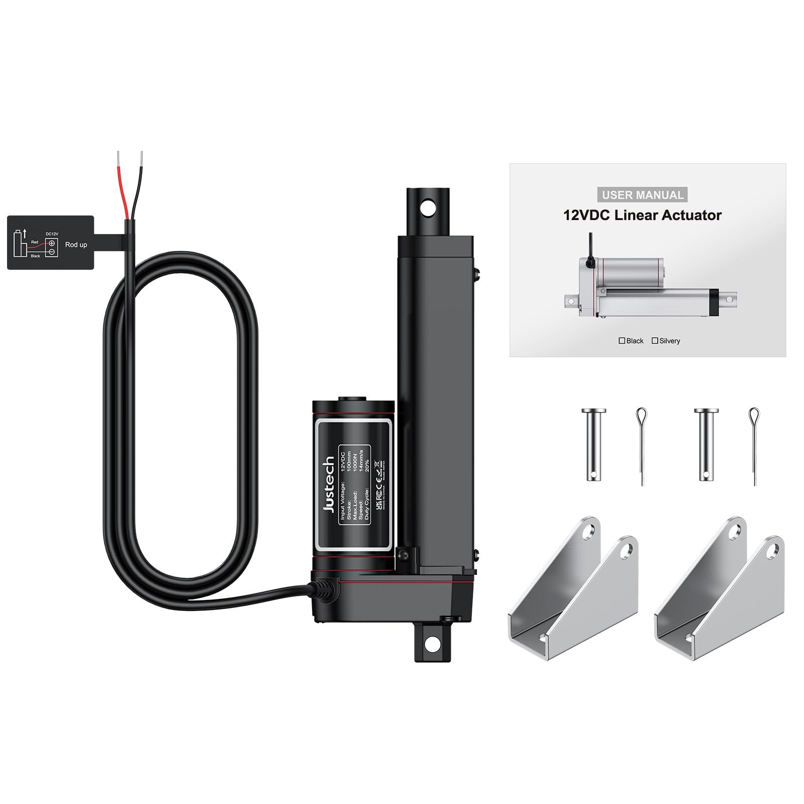 Justech Actuador Lineal 1000N 100mm 12V IP65 Aleación de Aluminio