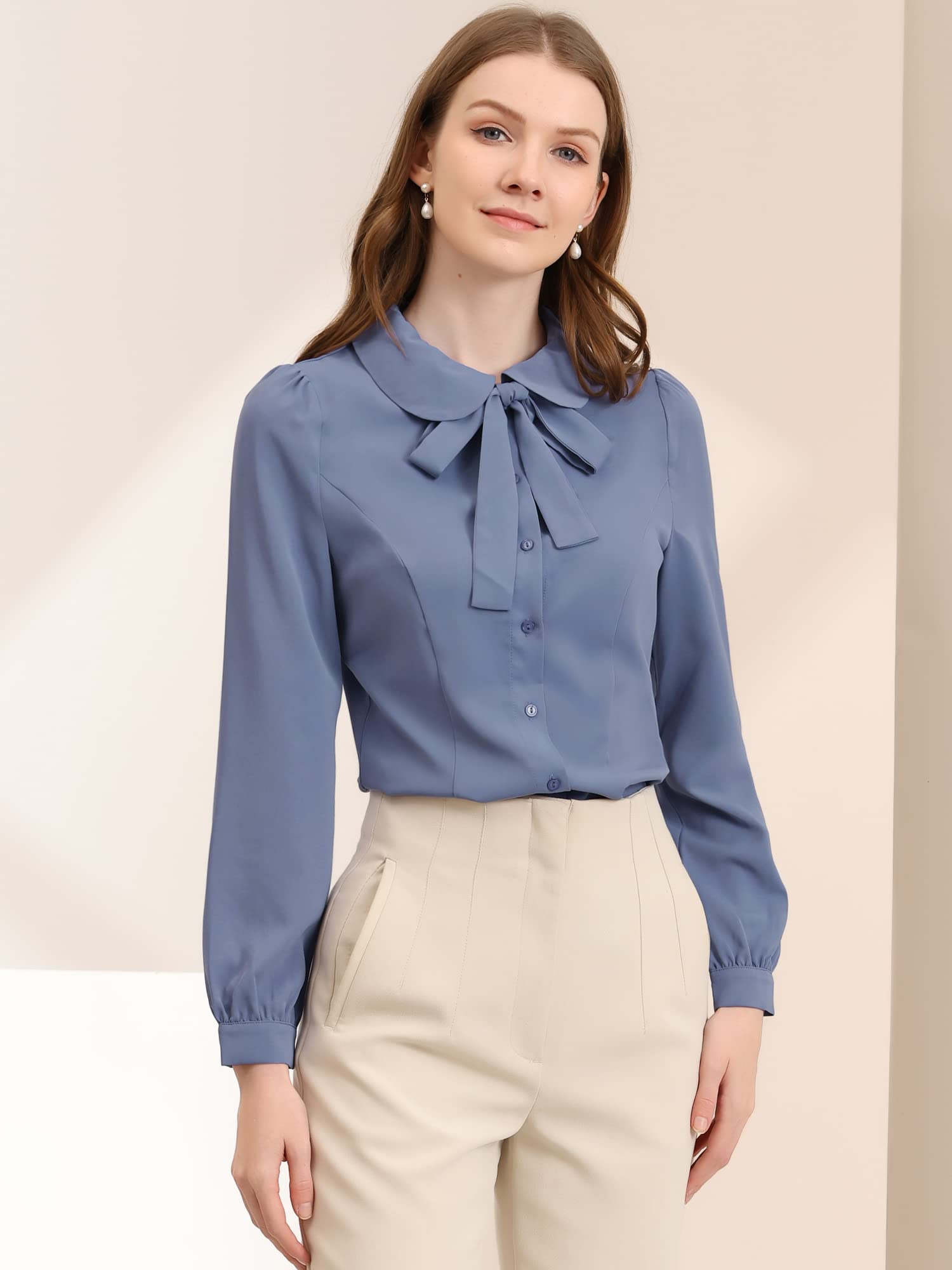 Allegra K Damen Langarm Chiffon Hemd Bubikragen Krawatten Ausschnitt Knopfleiste Elegante Top Bluse
