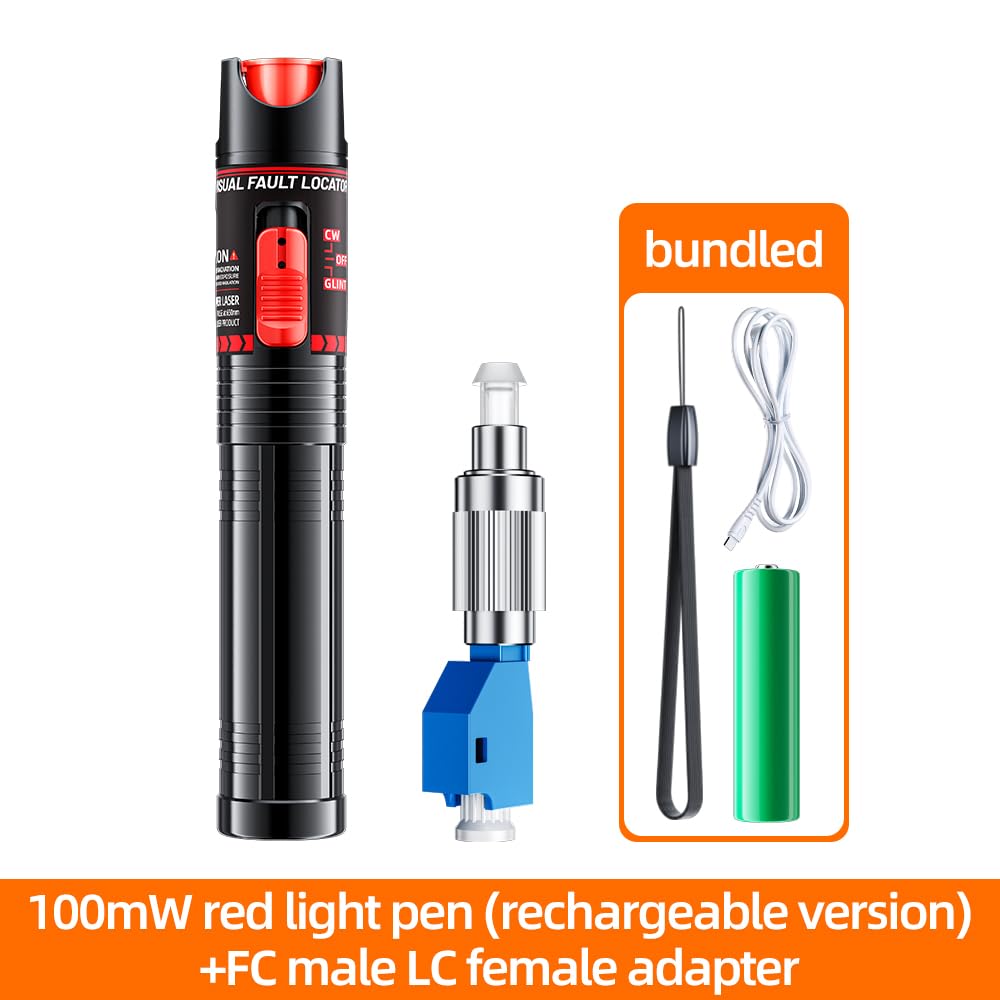100MW Glasfaserkabeltester, Glasfaser-Kabel Tester, Visuelle Fehlersuche, Faser Kabel Tester, VFL-Rotlicht-Stiftanzug für 2,5 mm FC, SC, ST Stecker (Rotes Licht-100mW-Lademodell)