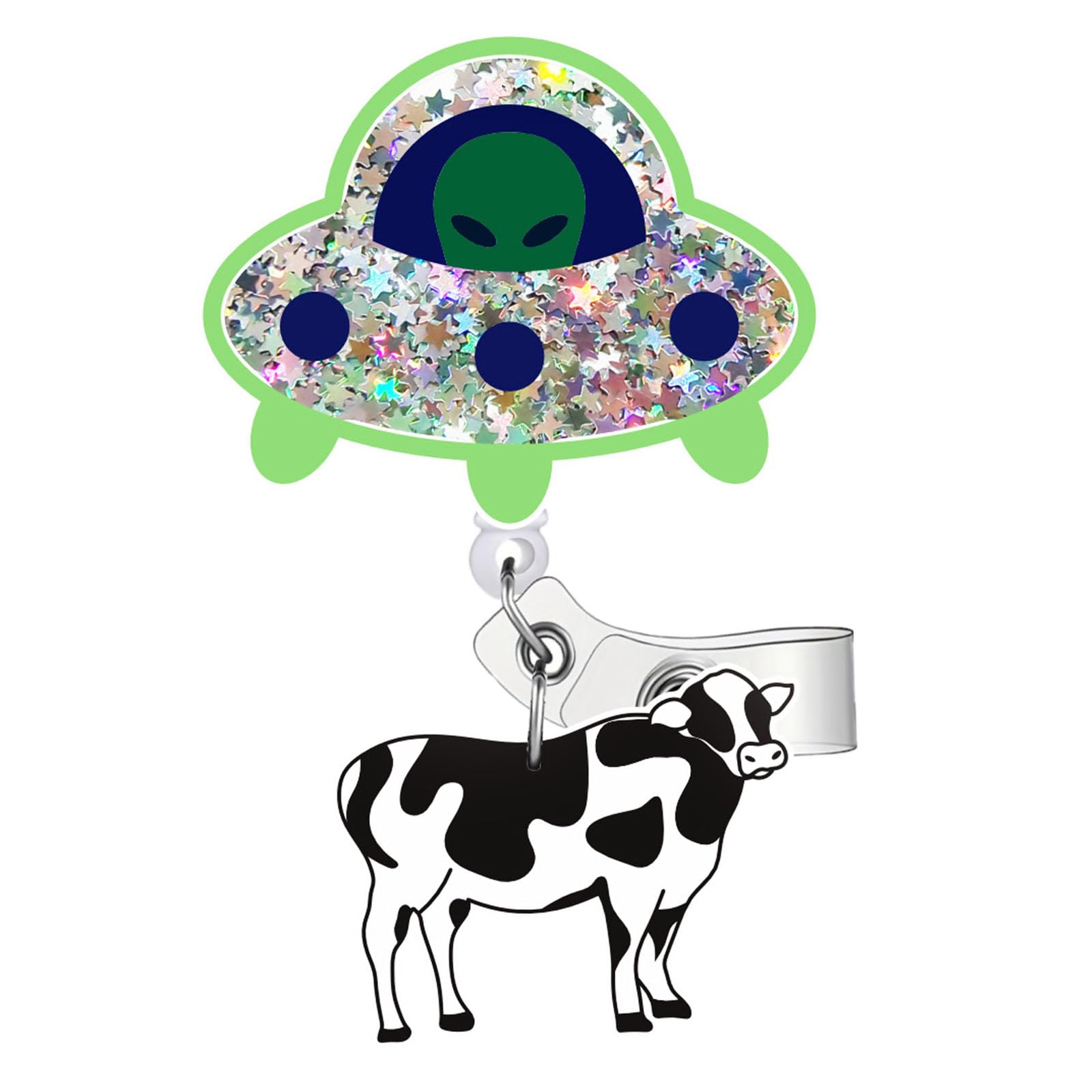 Cute UFO Cow Badge Reel, Funny Retractable Badge Reel Holder with Alligator Clip, ID Badge Holder for Nurses, Medical Assistant, Student, Office Staff