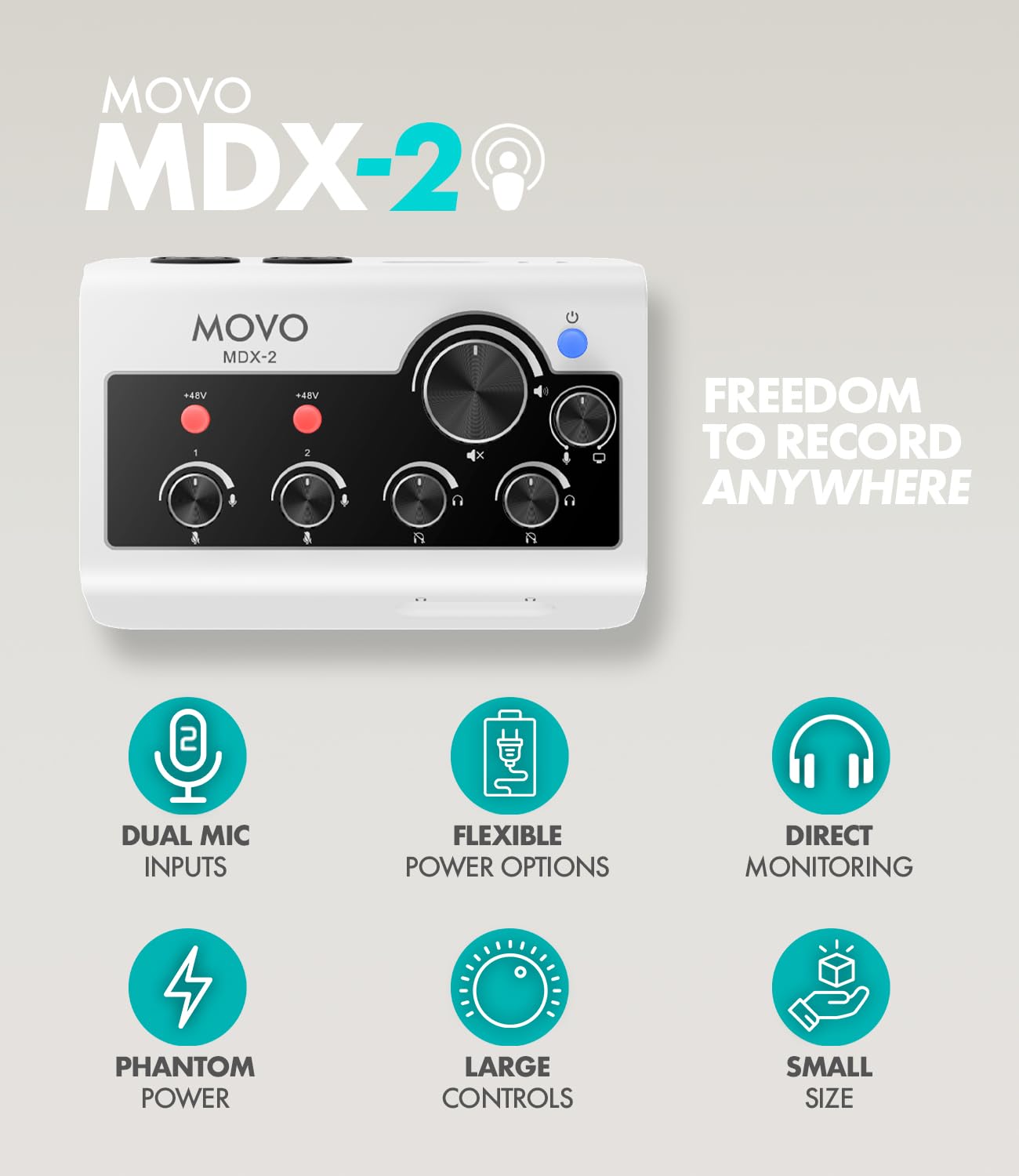 Movo MDX-2 - Interfaz de audio portátil de 2 canales, diseño compacto, funciona con pilas, compatible con PC, Mac, iPhone, iPad y Android, alimentación Phantom de 48 V, USB-A, USB-C y cables Lightning