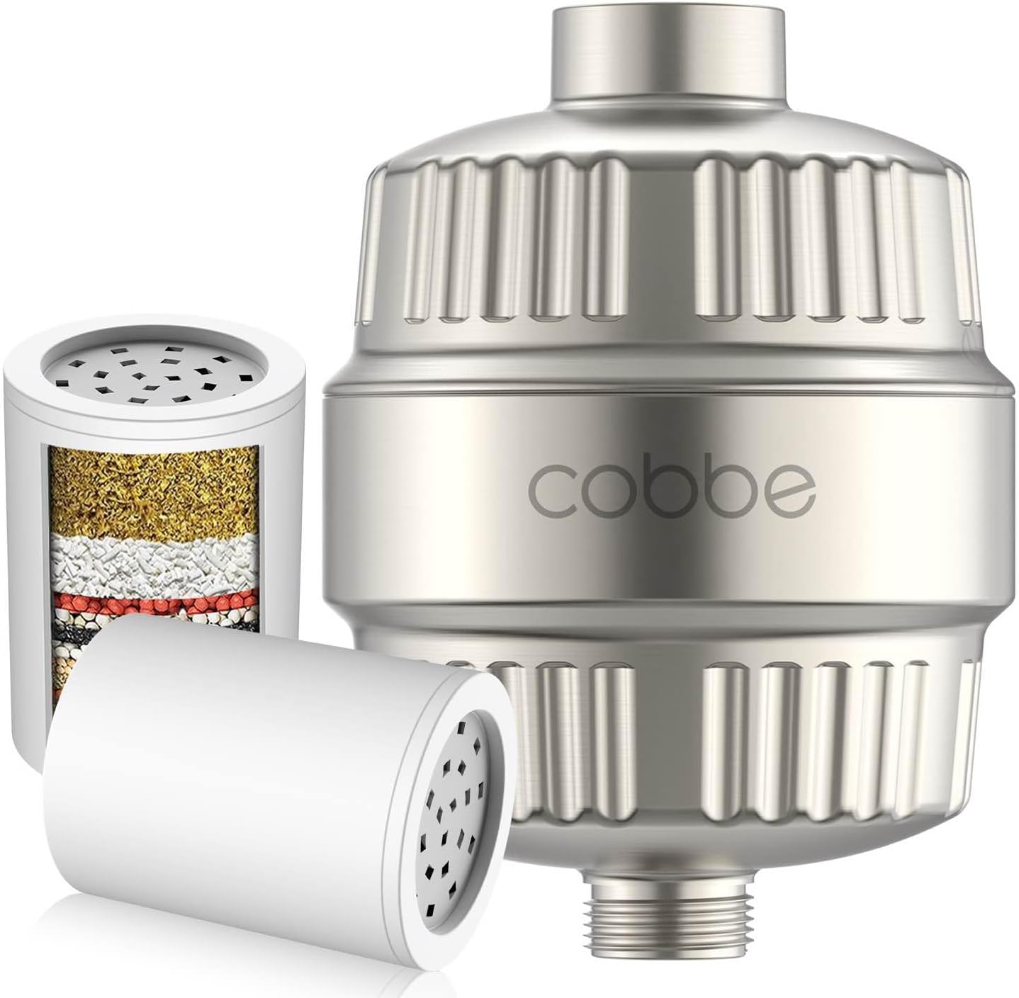 Cobbe ハードウォーターシャワーヘッドフィルター用シャワーフィルター - 交換可能なフィルターカートリッジ2個付き - 塩素と有害物質を除去するための高出力シャワーウォーターフィルター、ブラッシュドニッケル
