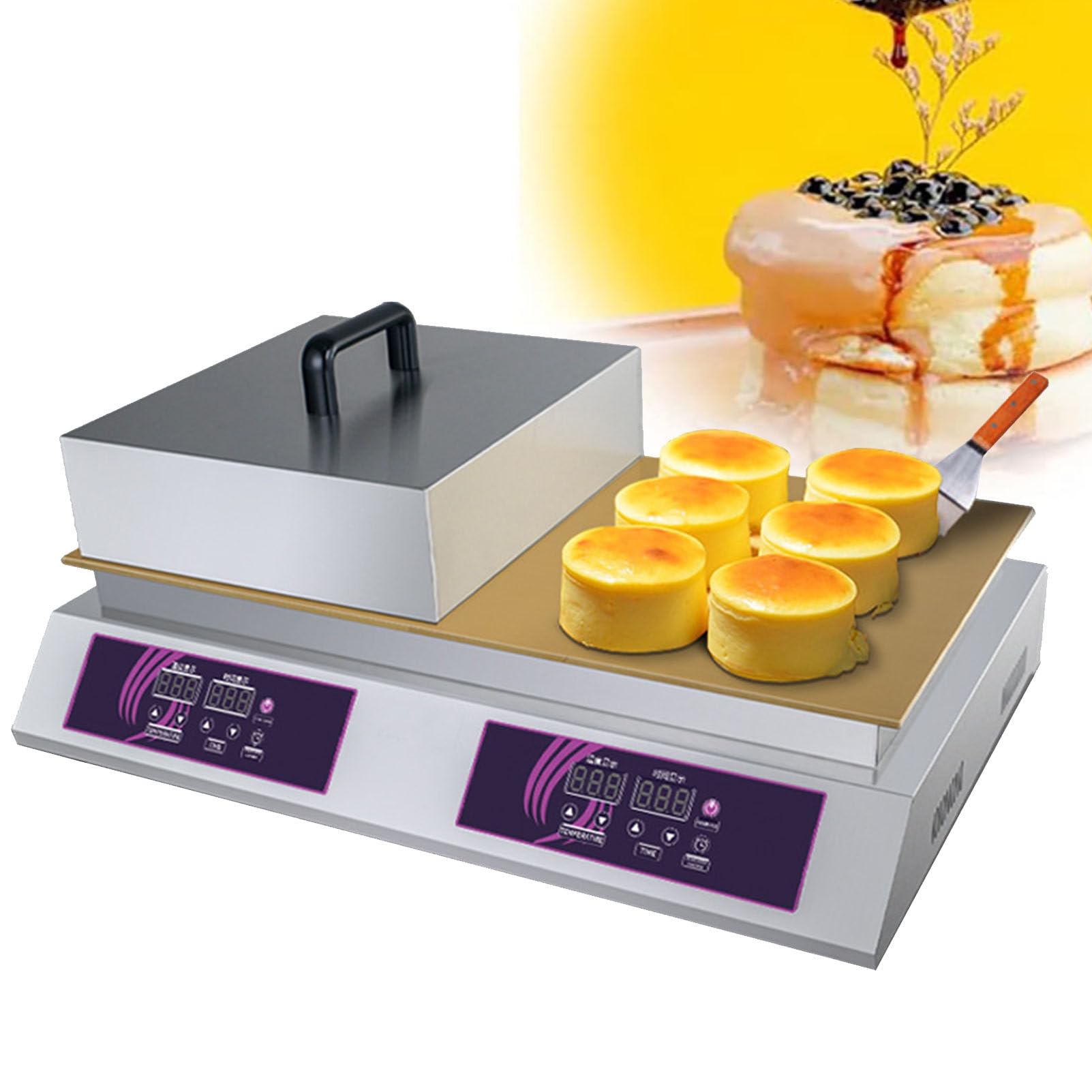 HTTGDGDH Commercial Souffle Machine, Cupcake Maker Stainless Steel Nonstick Fluffy Pancakes Muffin Machine For Restaurants, Temperature Range: 0-260°,Doublehead