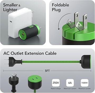 MFish 65W 3-Port GaN USB C Charger with Detachable 5Ft Cord, Cyber Green | Equipped with 5Ft Detachable Power Extension Cord, Travel & Desktop Dual-use Mode, Foldable Plug, For MacBook, iPhone, iPad