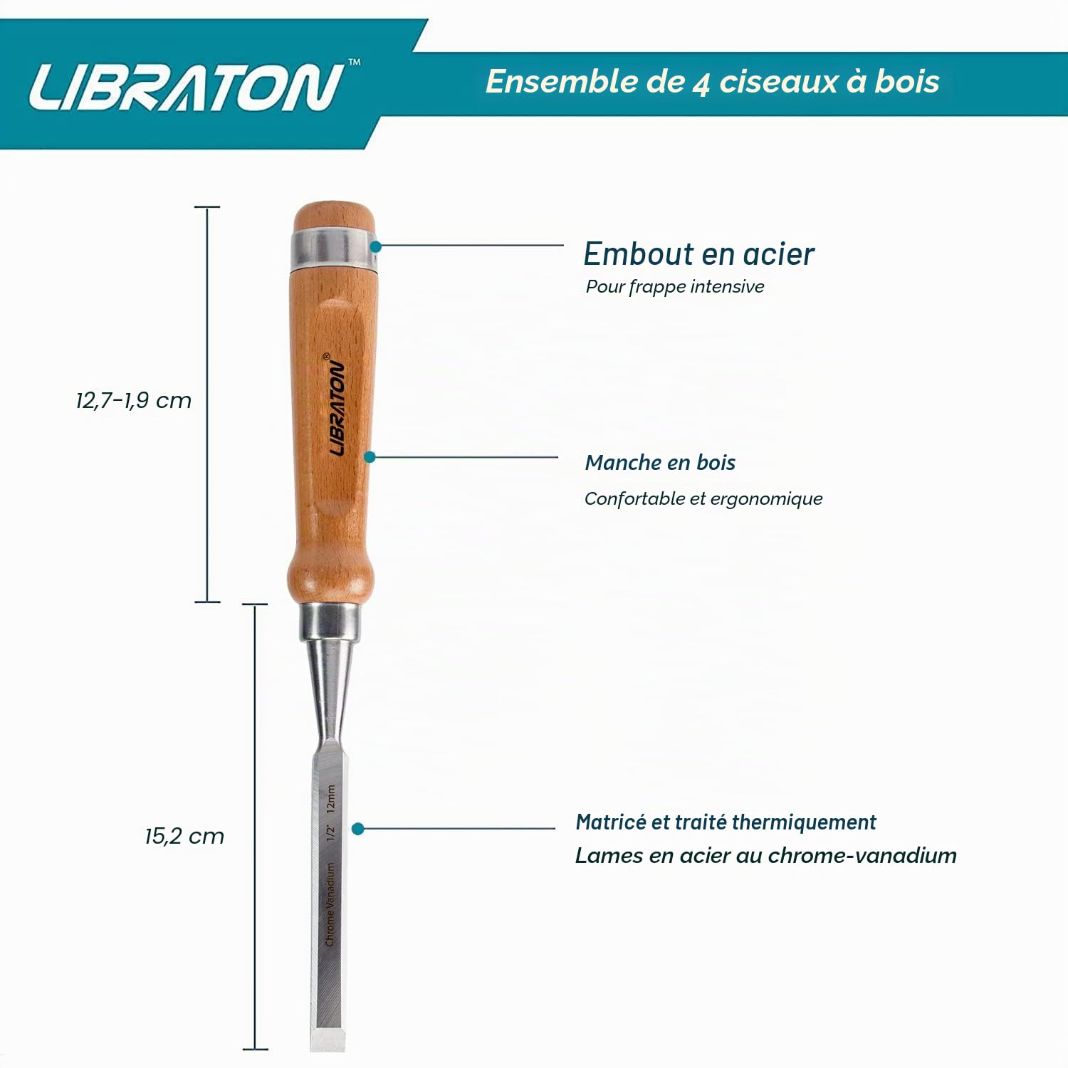 Libraton Professional 4pcs Ensemble de ciseaux à bois Poignées en bois robustes Ensembles de ciseaux Cr-V avec étui en cuir pour le travail du bois, sculpture 6mm, 10mm, 18mm, 25mm