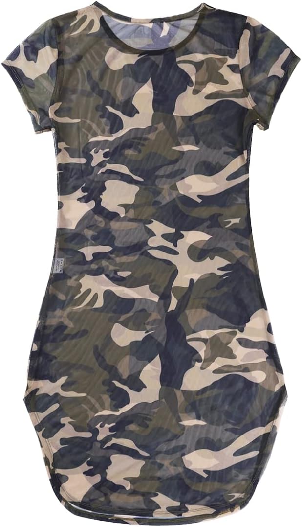iiniim Womens Lingerie Camouflage Side Slit Sheer Mesh See Through Chemise Mini Dress - Image 6