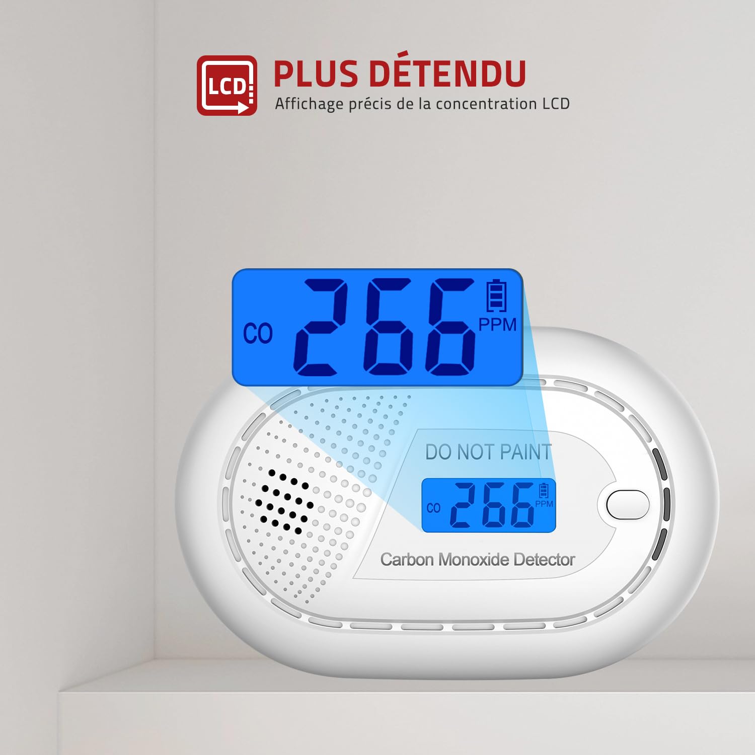 RUNIDUR Détecteur de Monoxyde de Carbone Alarme Portable avec Durée de Vie 10 Ans, Détecteur de CO Plat sans Perçage Selon la Norme Européenne en 50291 pour Poêle-Cheminée, 1 Pièce