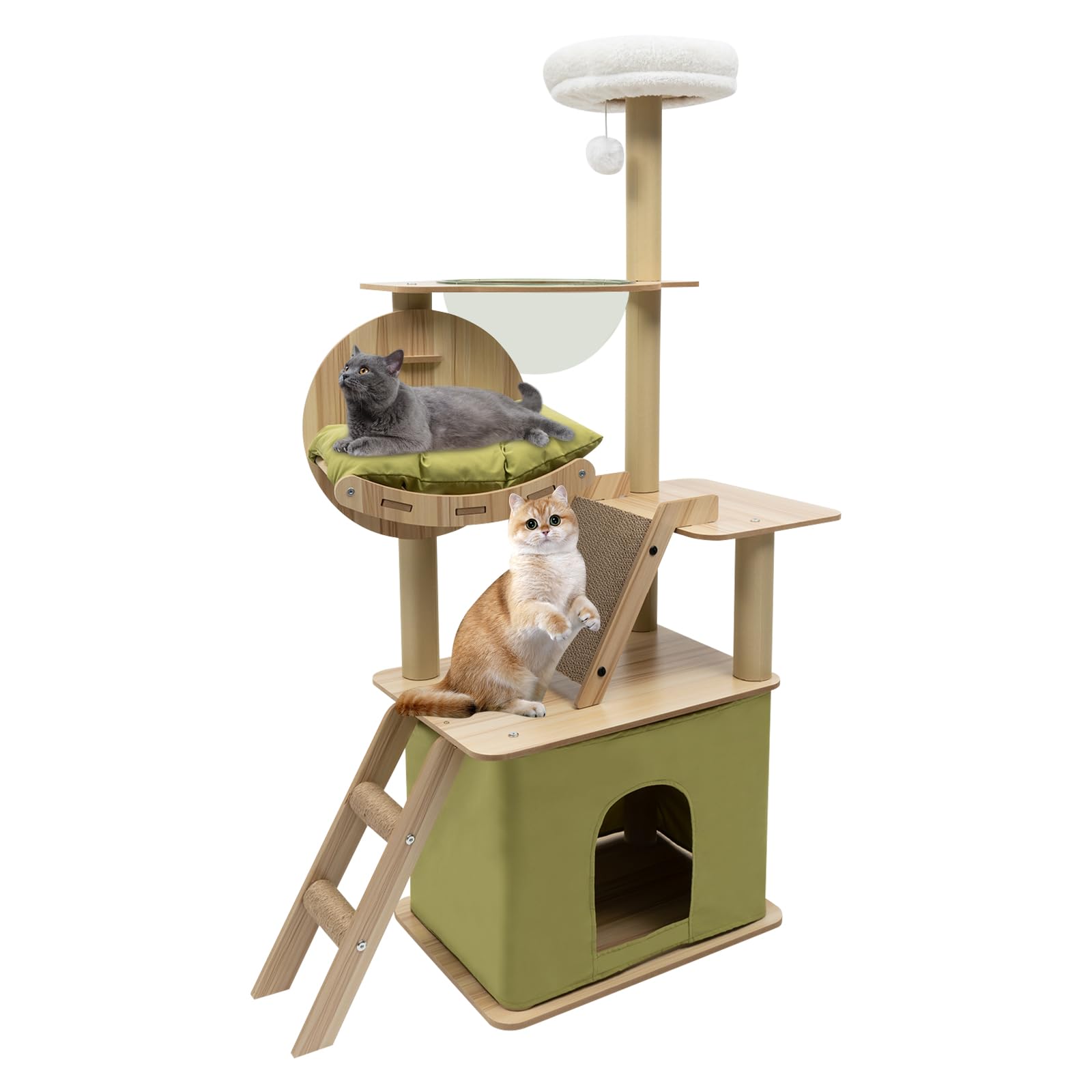 Rascador para gatos, estable, con sisal, cueva y cesta, casa para gatos con cama acolchada, árbol trepador para gatos altura 140 cm, verde