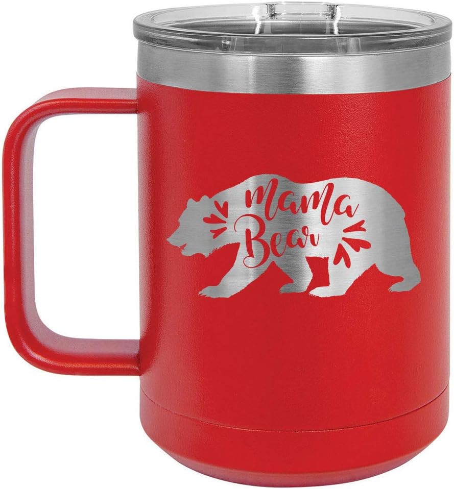 MAMA BEAR YELLOW 15 oz Coffee Mug w/Slide Top Lid | Insulated Travel Coffee Cup | Mother's Day Gift Ideas From Son or Daughter | Compare To Yeti Rambler | ONLYGIFTS.COM