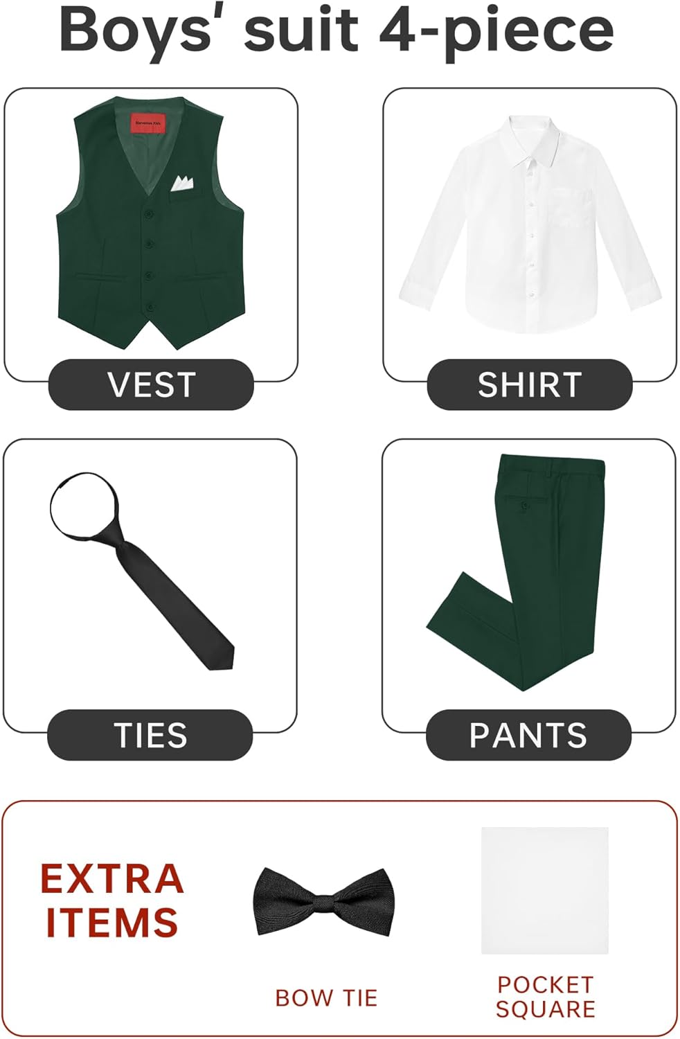 Boys' 6-Piece Formal Slim Fit Suit Set, Vest, Pants, Dress Shirt, Tie, Pocket Square, and Bow Tie