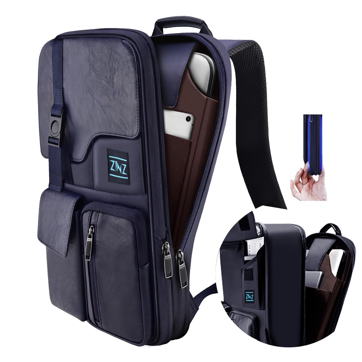 ZINZ Schlanker & Erweiterbarer Laptop Rucksack 15,6 Zoll Business Rucksack, Anti Diebstahl Reisen Rucksack für Wasserdichte Notebook Tagesrucksack Schulrucksack Herren Damen,Blau