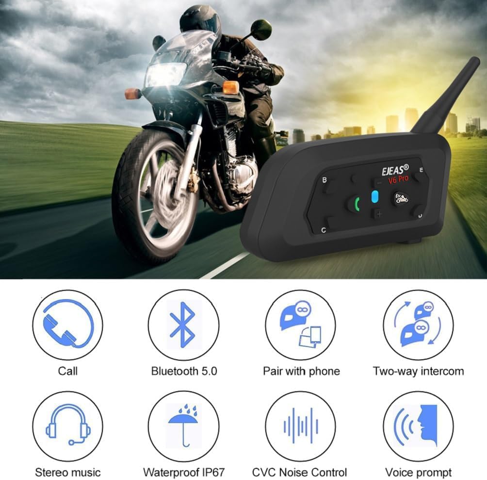 V6 Pro Motocicleta Intercomunicador, 2 Casco Auricular Intercom Kit con cancelación de Ruido, 1Km Distancia, IP67 Impermeable Universal Motocicleta Sistema de Comunicación (Negro-Dos)
