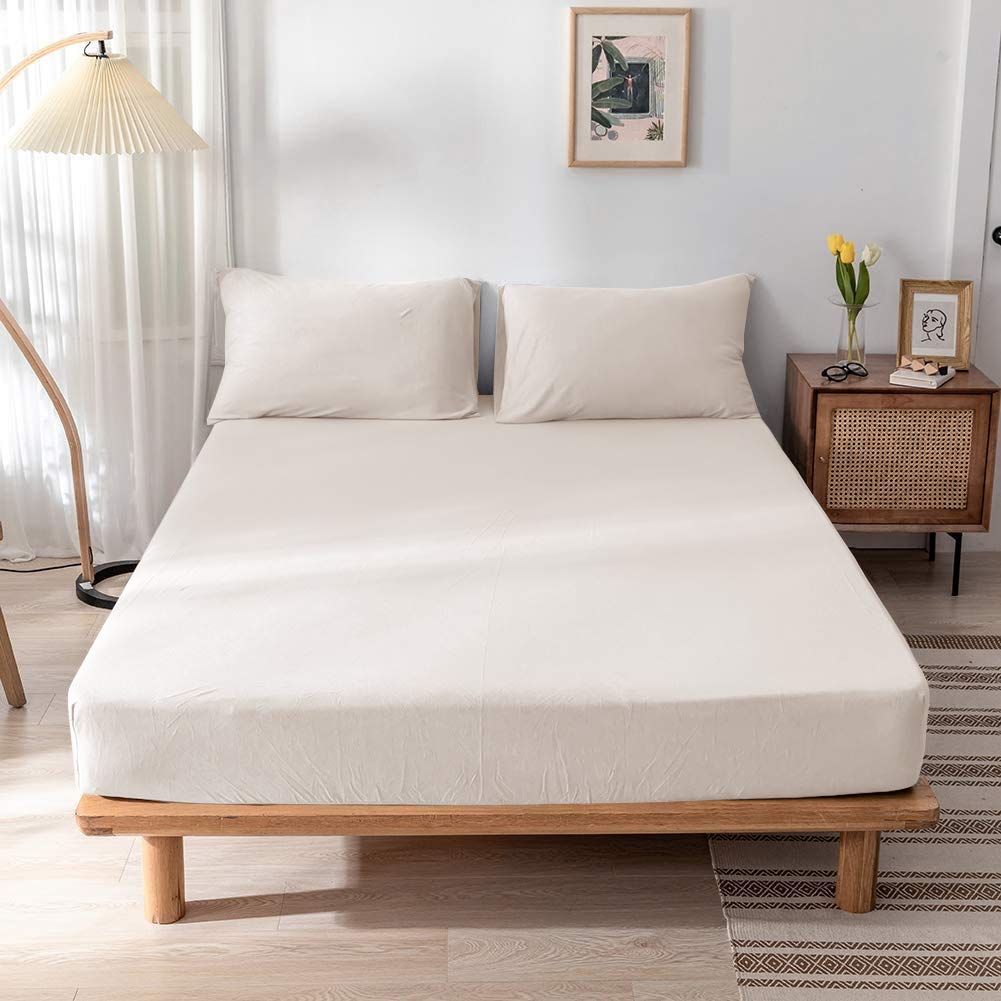 King Size Fitted Sheet -100% Poly Cotton Fitted Sheets King Size Non Iron 25cm Deep Fitted Sheets King Size Bed Covers 152 X 200, Cream Bed Sheets
