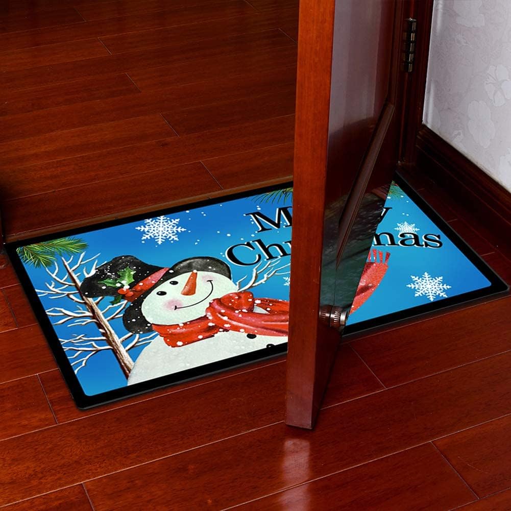 Linfevisi Merry Christmas Snowman Door Mats Xmas Front Door Mats Holiday Doormats Christmas Welcome Mats Christmas Floor Mats Indoor Rubber Backing Holiday Door Mats Outdoor Christmas Rugs (Blue)