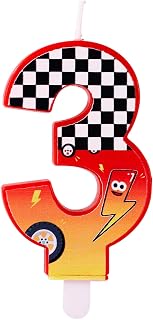 Racing Themed Birthday Candle, Red Checkered Number Candle with Lightning and Car Wheel Patterns Cake Topper for Birthday Party Baby Shower Racing Car Theme Party Decor Supplies(Number 3)