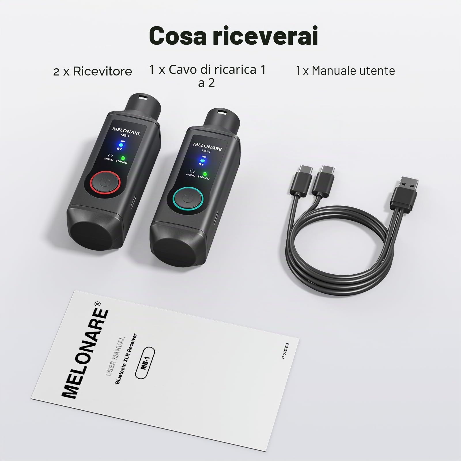 Ricevitore Bluetooth XLR Wireless MELONARE MB-1, 15h di Batteria, BT 5.3, Audio ad Alta Fedeltà, Modalità Mono/Stereo, 150ft di portata, Adattatore per Altoparlanti, PA, Mixer