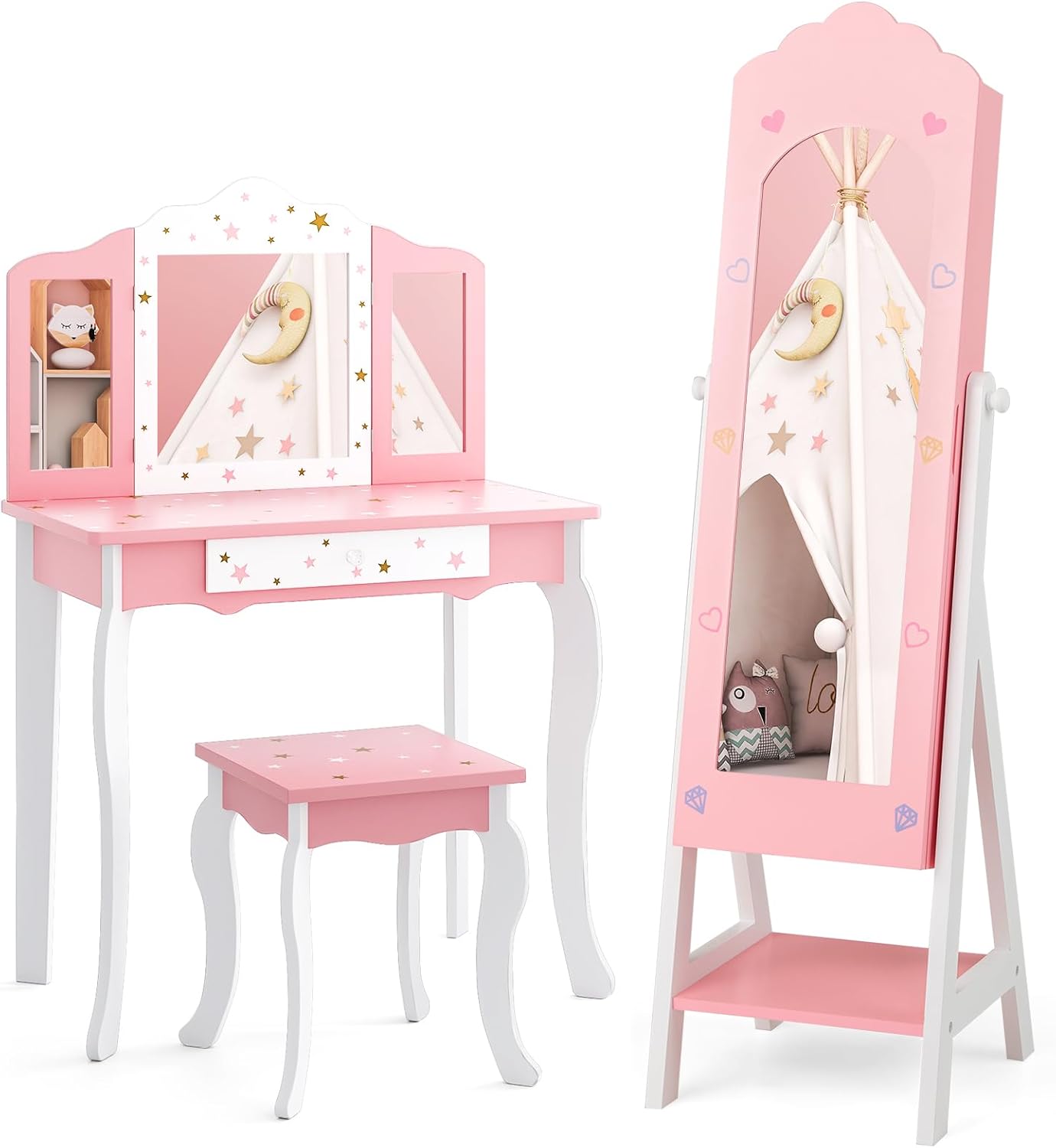 GLACER Kids Vanity, Kids Jewelry Armoire, Princess Makeup Dressing Table and Chair Set w/Tri-Folding Mirror & Full-Length Mirror, Pull-Out Drawers, Anti-toppling System, Kids Bedroom Furniture (Pink)