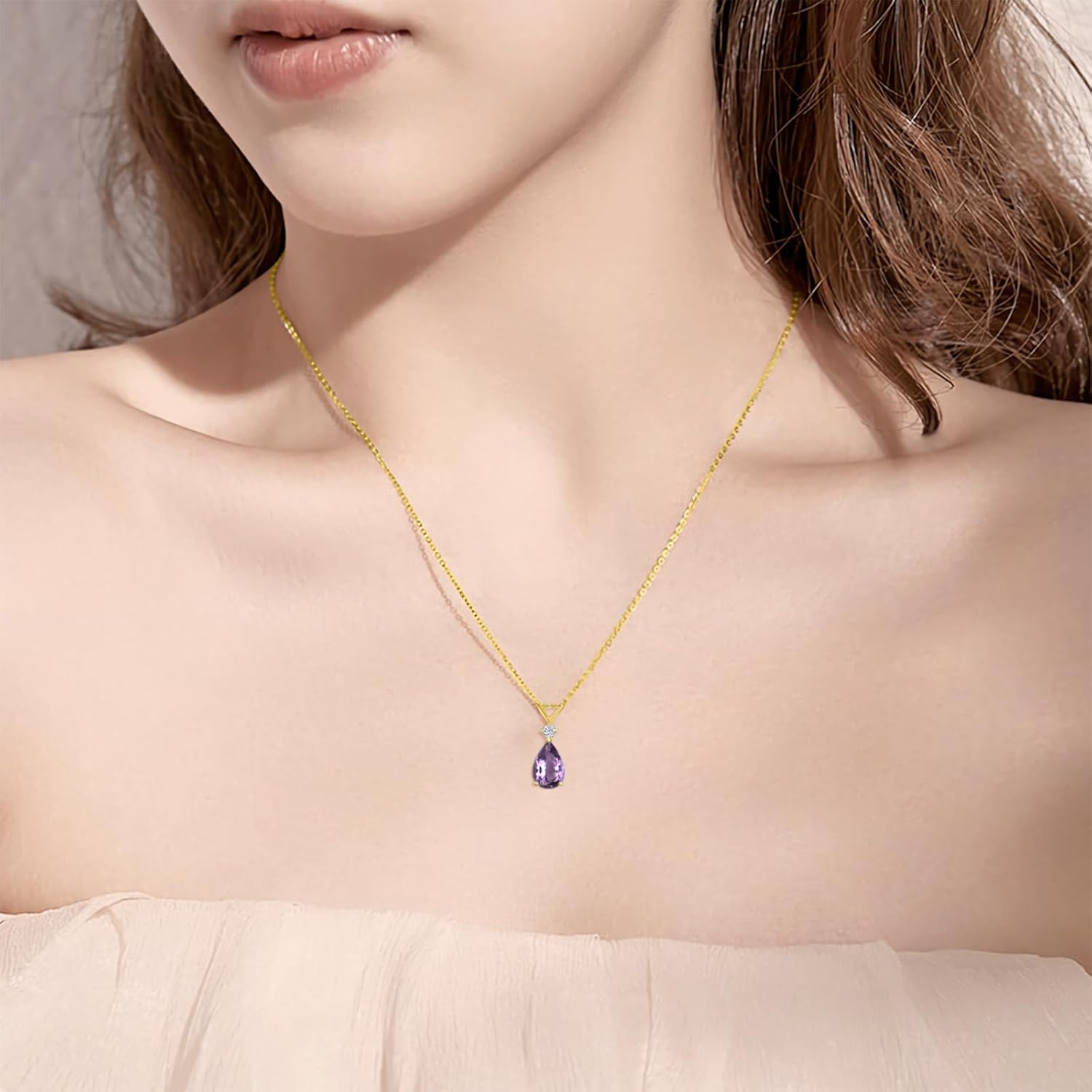14K Yellow Gold Natural Amethyst Necklace 1.5ct Pear Cut Amethyst Pendant Necklace for Women Teardrop Amethyst Solitaire Necklace Best February Gift for Mom/Wife/Friend - Image 5