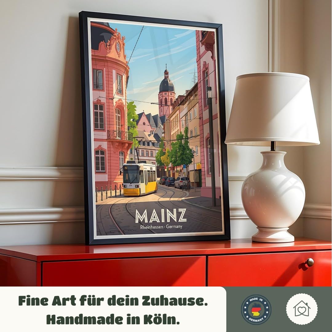 MJ-GRAPHICS® Kunstdruck Mainz Rheinhessen Tram Wandbild Architektur Stadt Pastellfarben Wohnzimmer Deko klassisch urban Fine Art Poster Straßenszene A2 mit beigem Rahmen
