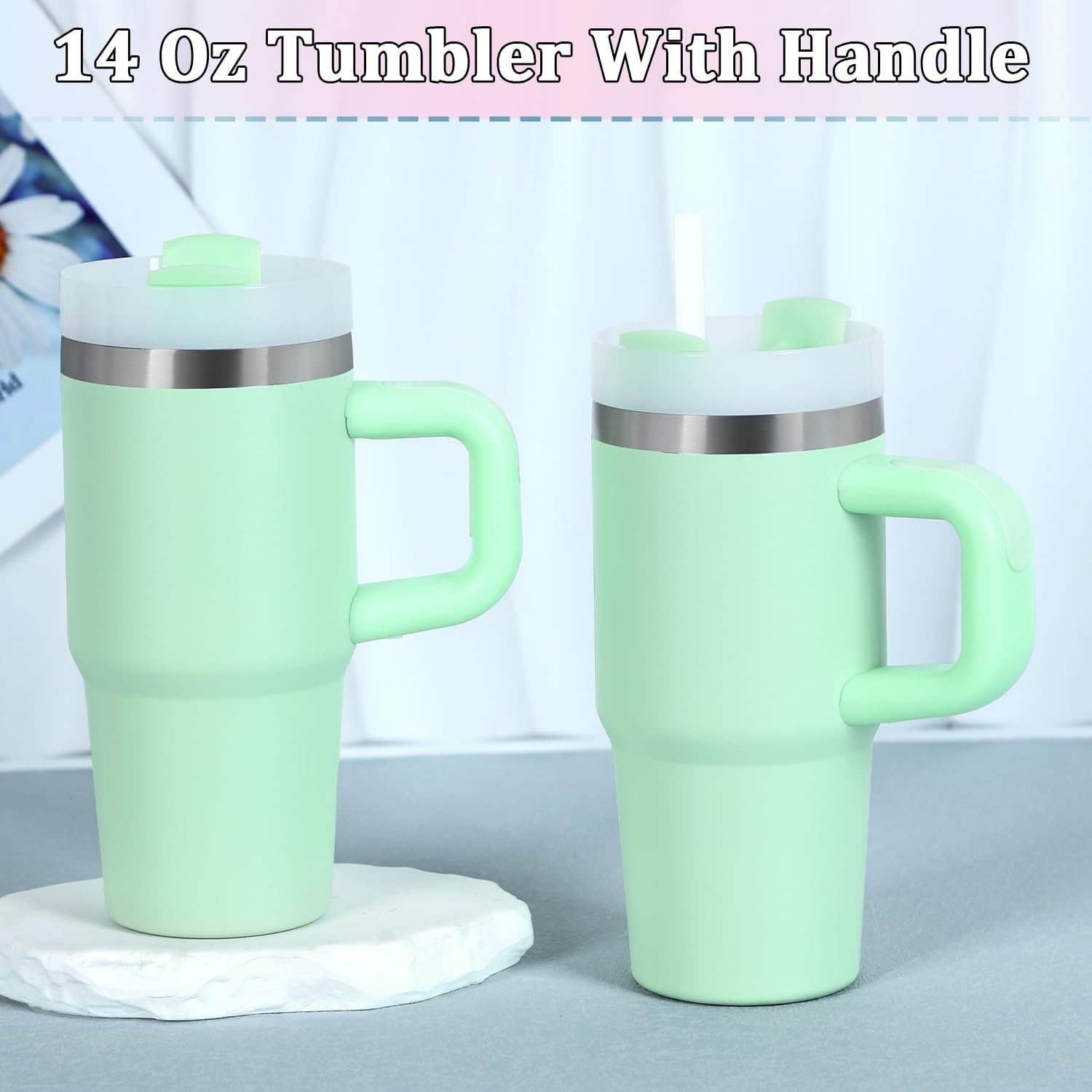 14 Oz Tumbler with Handle and Straw for Kids, Stainless Steel Vacuum Insulated Tumbler Keep Cold Heat and Ice, Gifts for Children Cups (Light Green) - Image 6