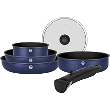Sitram 716978 Cookware Set Recycled Aluminium Blue 6 Pieces 1 Removable Handle, 1 Saucepan Diameter 18 cm, 2 Frying Pans Diameter 22.26 cm, 1 Saute Pan Diameter 24 cm, 1 Lid Suitable for All Heat