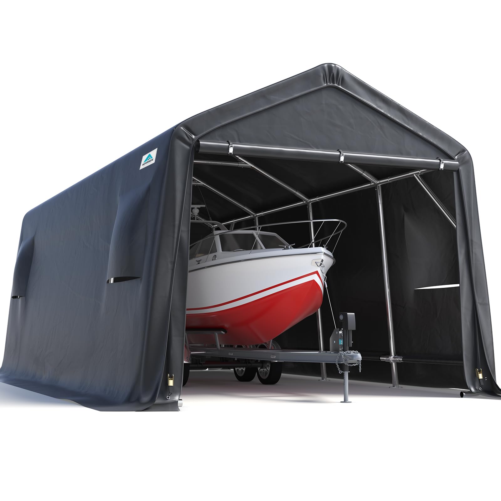 ADVANCE OUTDOOR 10X15 ft Garage Shelter Steel Metal Peak Roof Portable Storage Shed Carport for Motorcycle Boat, or Garden Tools with 2 Roll up Doors & Vents, Gray
