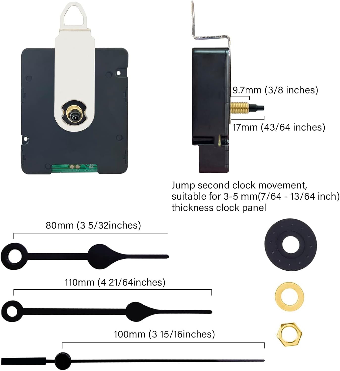 Atomic Clock Movement with 4-inch Clock Hands, 43/64 inches (17mm) Axis Length WWVB Radio Electric Controlled Clock, Auto Adjust Winter and Summer time