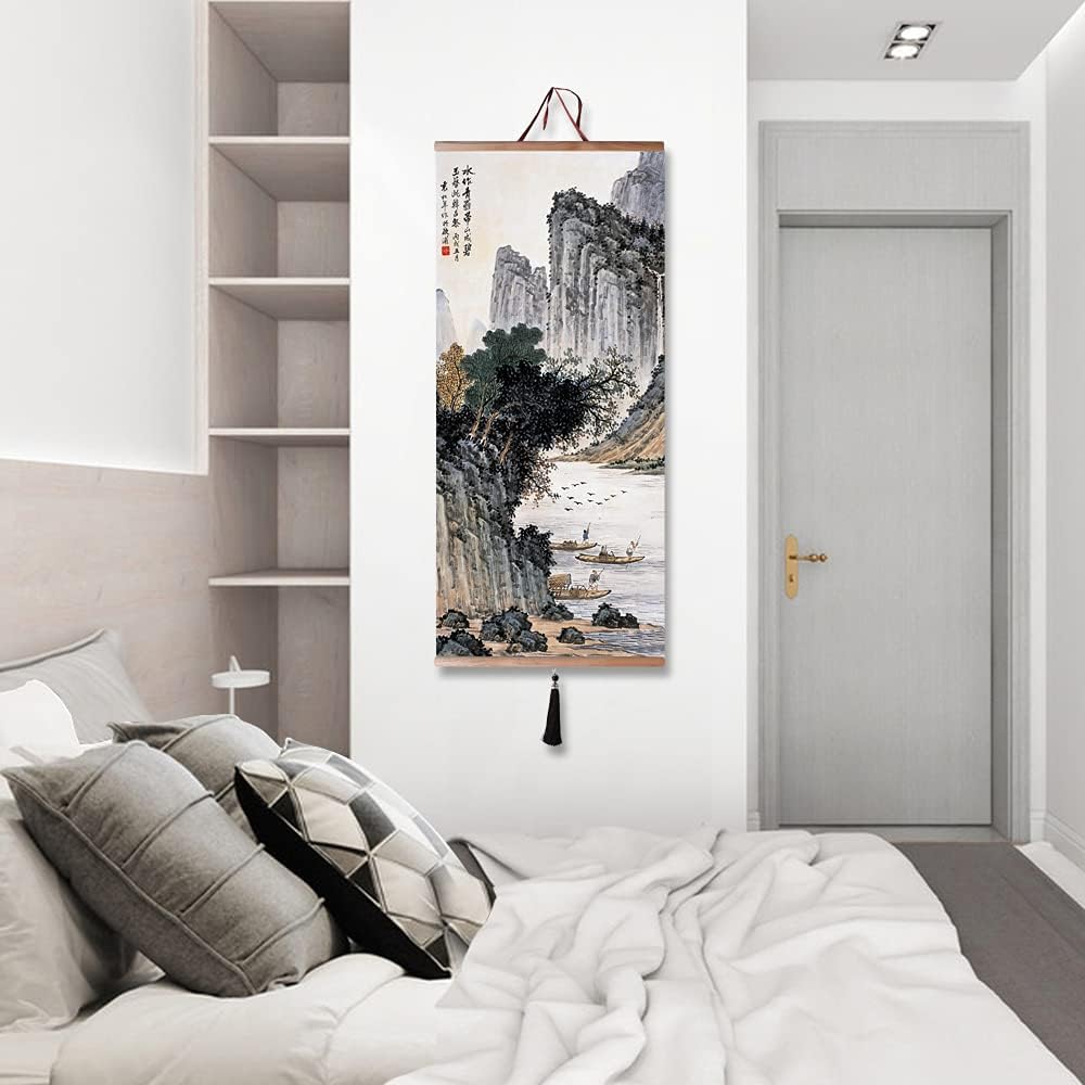 EAPEY 32x14in Asian Scroll Wall Art, Vintage Floral Canvas Prints Paintings, Ready to Hang Home Decor