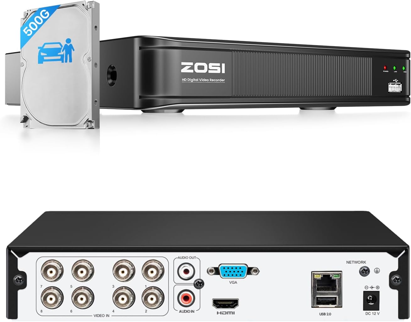 ZOSI 8 Channel 5MP 3K Lite H.265+ CCTV DVR Recorder with 500GB HDD, Hybrid 4-in-1 TVI/CVI/AHD/Analog 1080p HD Surveillance DVR for Security Camera, AI Human Vehicle Detect, Alert Push, Remote Access