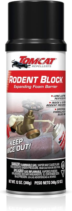 Barrera de espuma expandible Tomcat Rodent Block, 12 oz. | La espuma en aerosol para roedores llena los huecos para evitar que los ratones entren a la casa