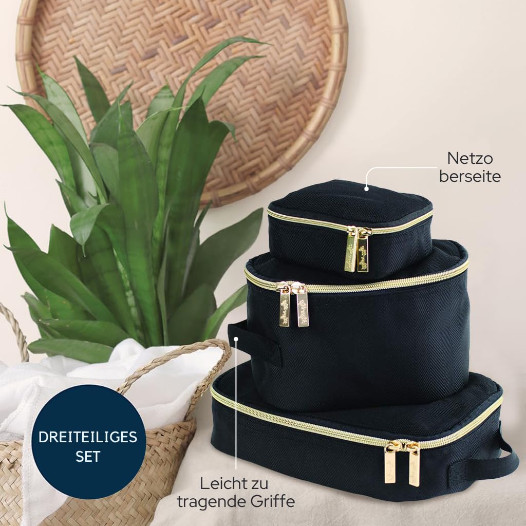 Itzy Ritzy 3er Set Packwürfel – Koffer Organizer Set für Reisen – Packbeutel mit Netzoberseite – Baby Kleidertaschen für Koffer, Rucksack & Handgepäck – Schwarz Gold Reiseorganizer