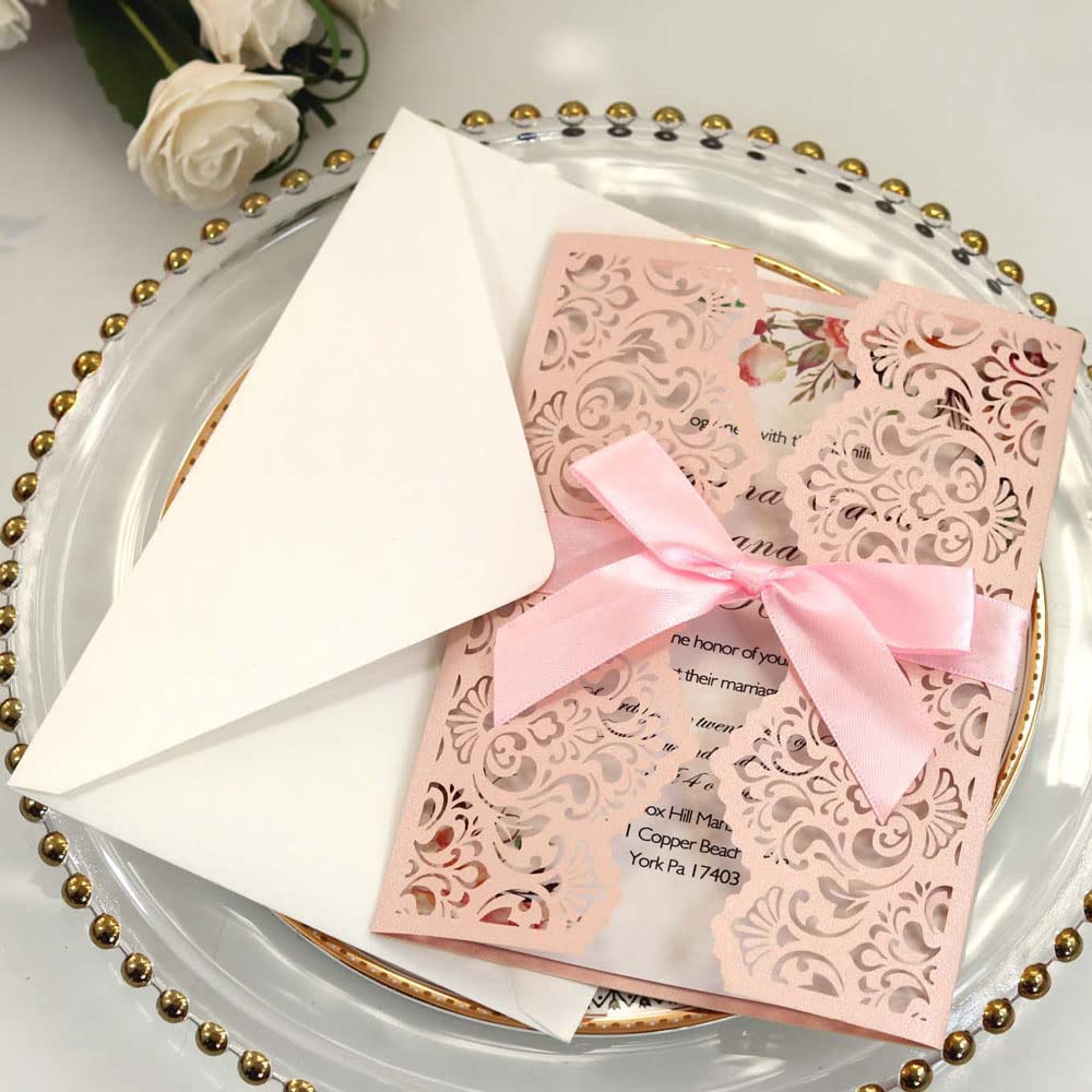 Delicada tarjeta de invitación de boda romántica D Paquete de 50, juego de papel imprimible en blanco y sobres for bodas, fiestas de cumpleaños, fiestas.(Roze,Blank)
