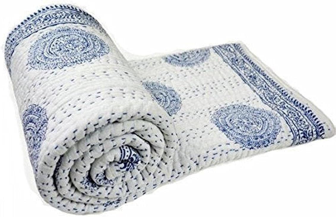 White King/Twin Handmade Bohemian Hand Block Print Pure Cotton Bedspread Kantha Stitch Hippie Kantha Bed Spread Reversible Bedcover Throw Quilt (White&Blue, 90X108 inches)