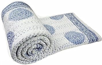White King/Twin Handmade Bohemian Hand Block Print Pure Cotton Bedspread Kantha Stitch Hippie Kantha Bed Spread Reversible Bedcover Throw Quilt White&Blue, 90X108 inches