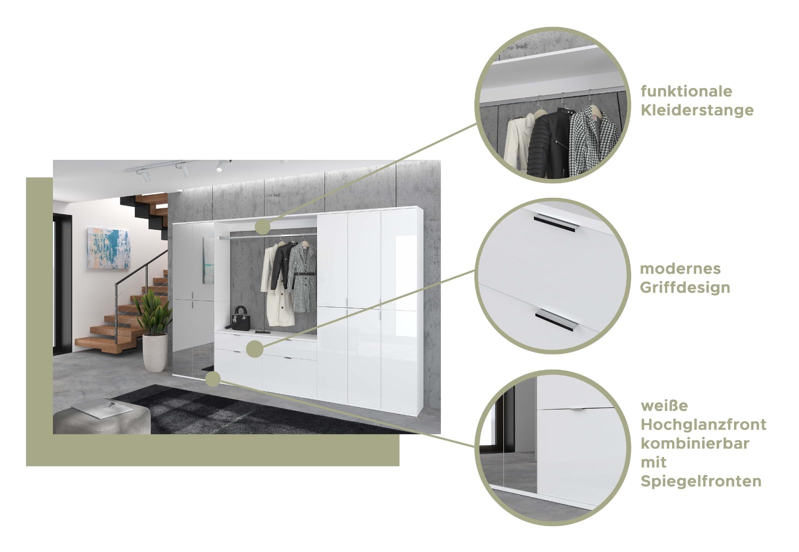 Garderobe und Kleiderschrank weiß Hochglanz viel Stauraum 15 Fächer Mehrzweckschrank mit Spiegeltür 122 x 193 cm SystemX