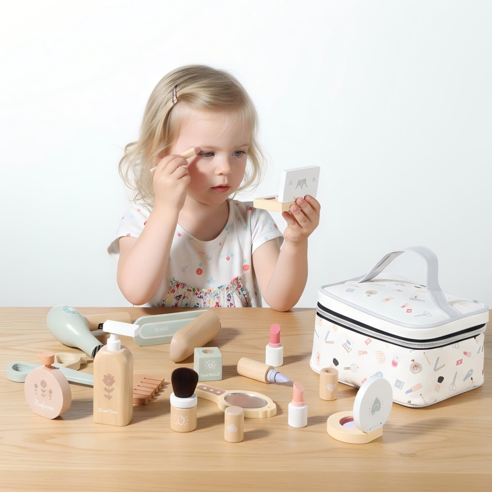 GAGAKU Set di trucchi in legno per ragazze dai 3 anni in su, con accessori realistici come rossetto e specchio, perfetto per bambini