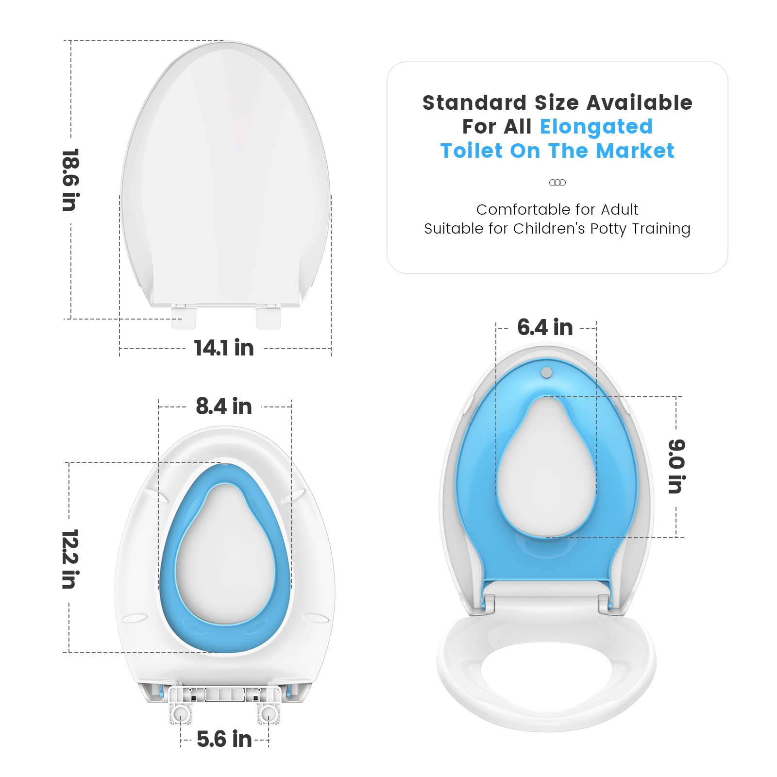 YASFEL Asiento de inodoro alargado con asiento de entrenamiento para ir al baño integrado, asiento de inodoro 2 en 1 para niños de cierre suave, asiento de inodoro ovalado de plástico blanco, diseño